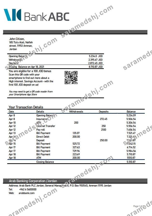 Jordan ABC Bank statement